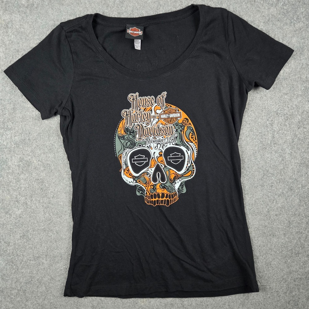 Harley Davidson Shirt Womens XL Black Skull Graphic House of Harley Anniversary